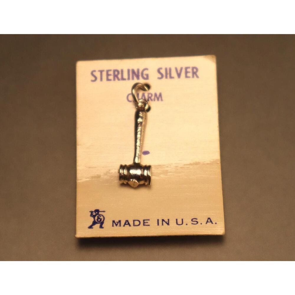 Vintage Sterling Gavel Judge Hammer Charm on Card